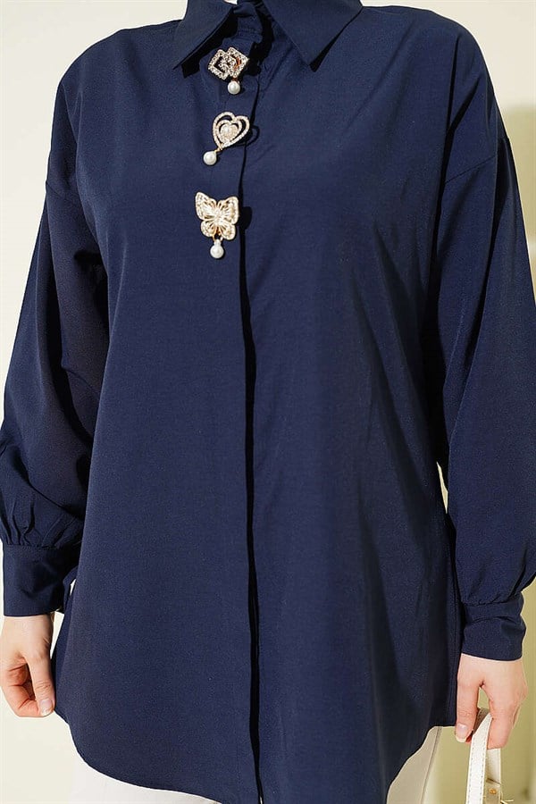 Navy Blue Hidden Button Shirt with Stone Brooch