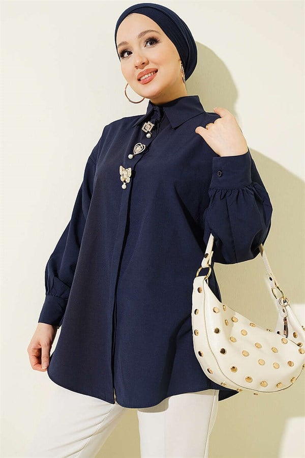 Navy Blue Hidden Button Shirt with Stone Brooch