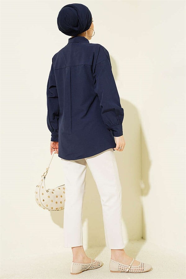 Navy Blue Hidden Button Shirt with Stone Brooch