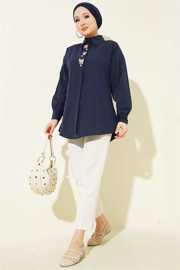 Navy Blue Hidden Button Shirt with Stone Brooch