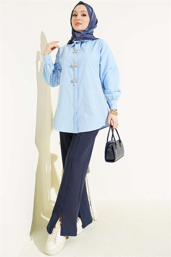 Blue Hidden Button Shirt with Stone Brooch
