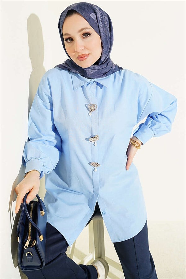 Blue Hidden Button Shirt with Stone Brooch