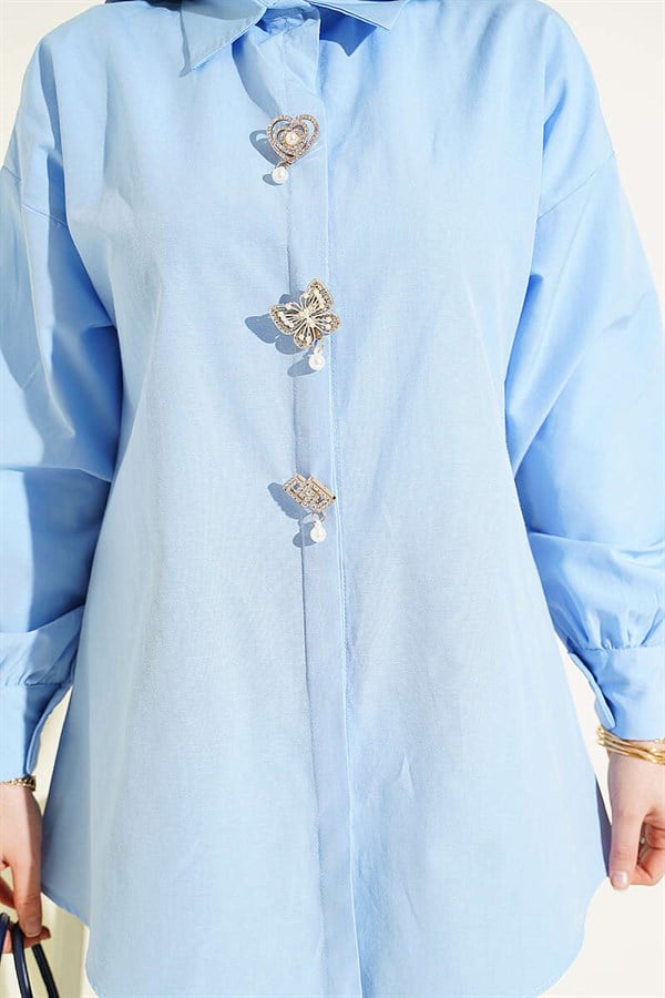 Blue Hidden Button Shirt with Stone Brooch