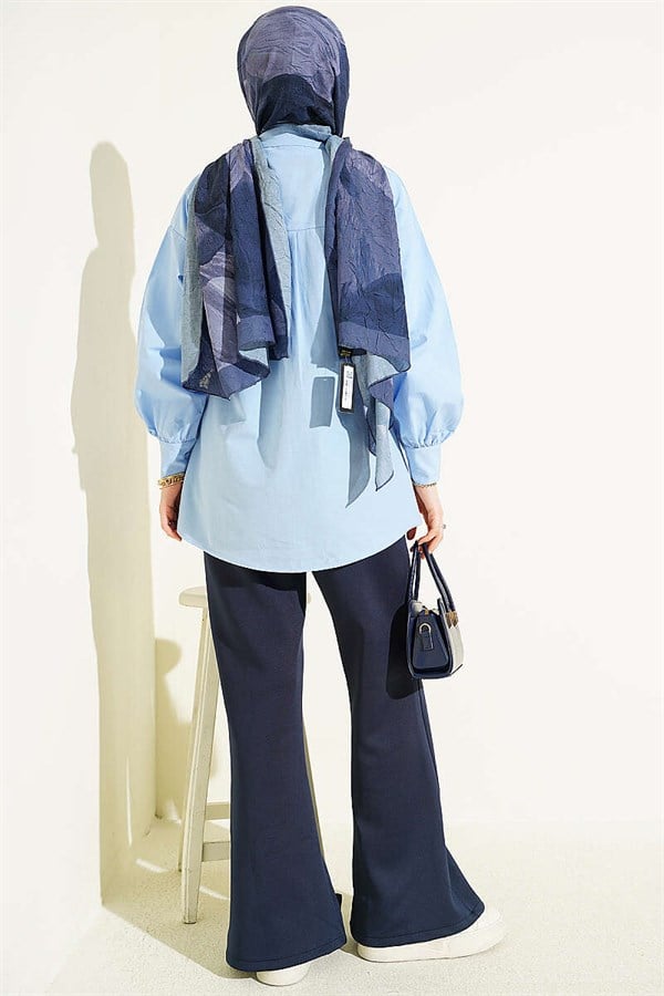 Blue Hidden Button Shirt with Stone Brooch