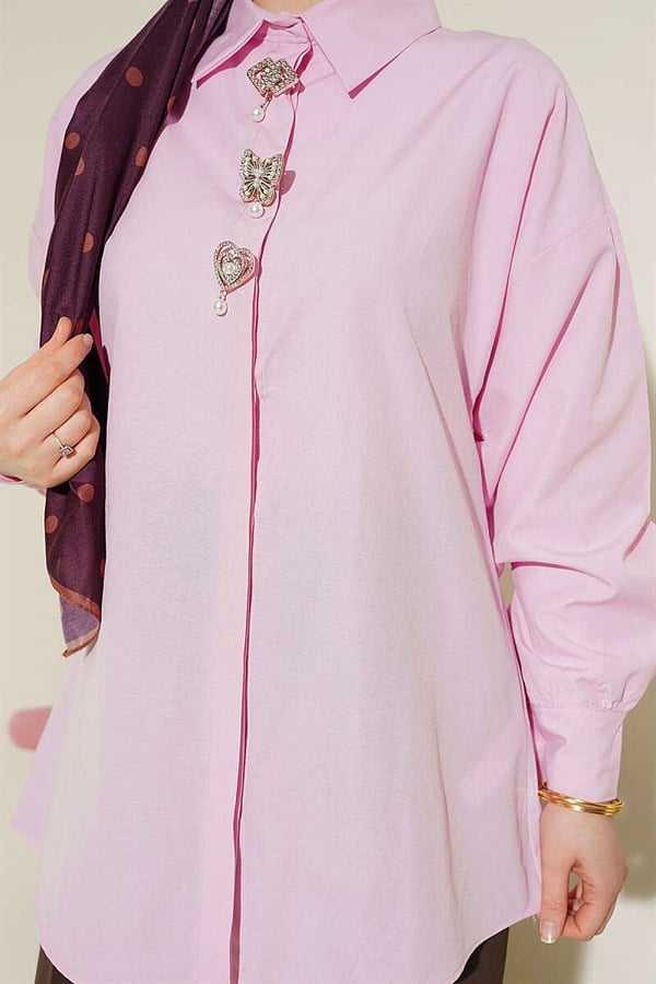 Pink Hidden Button Shirt with Stone Brooch