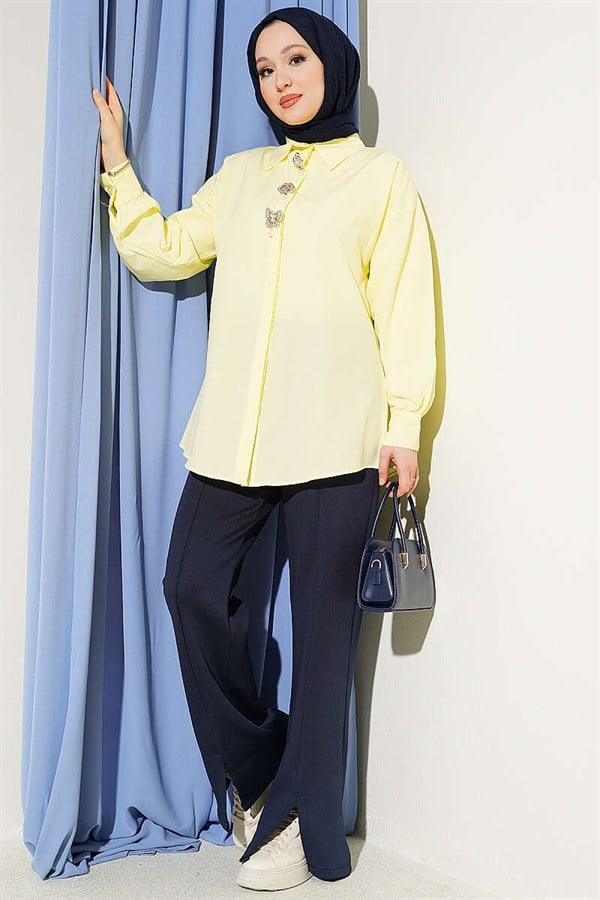 Yellow Hidden Button Shirt with Stone Brooch