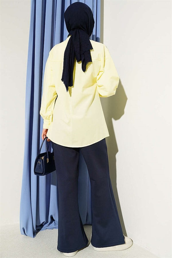Yellow Hidden Button Shirt with Stone Brooch