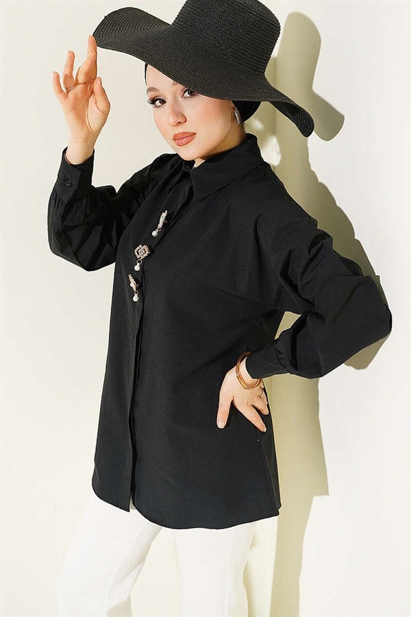 Black Hidden Button Shirt with Stone Brooch