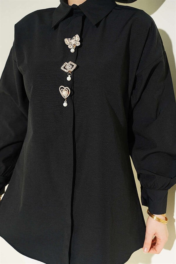 Black Hidden Button Shirt with Stone Brooch