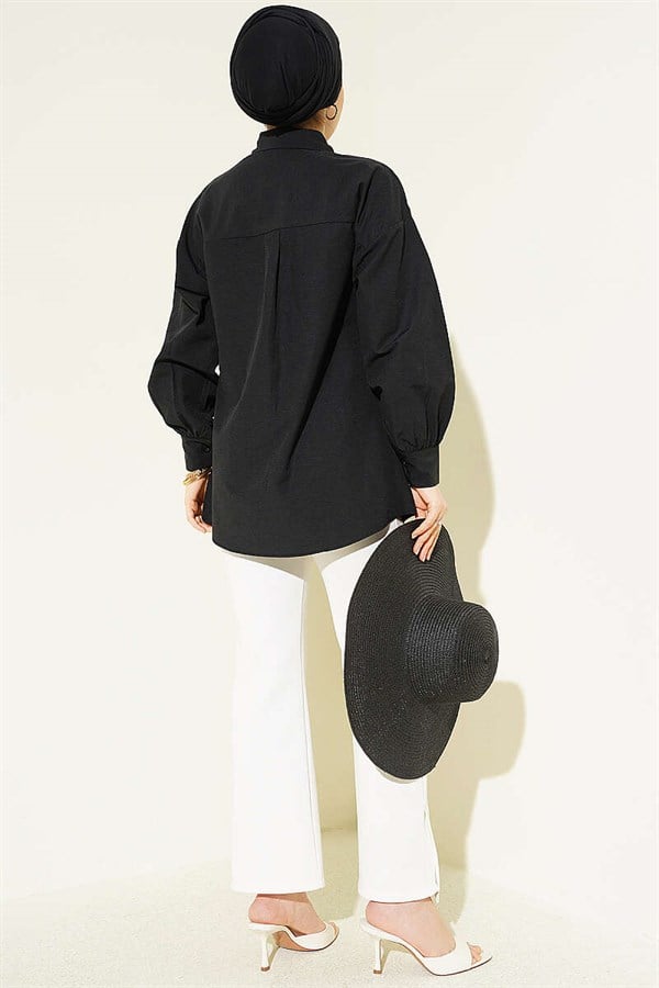 Black Hidden Button Shirt with Stone Brooch