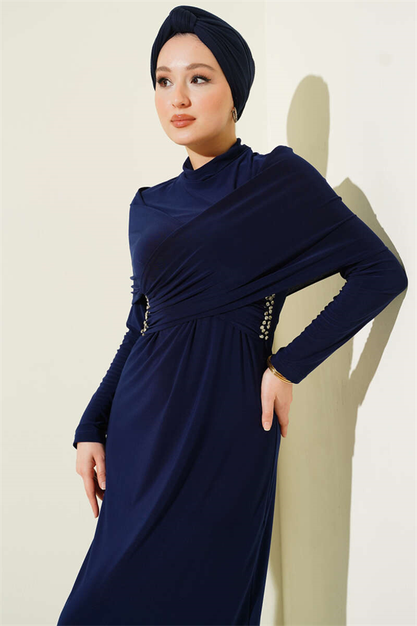 Sandy Embellished Cross-Neck Evening Dress, Navy Blue