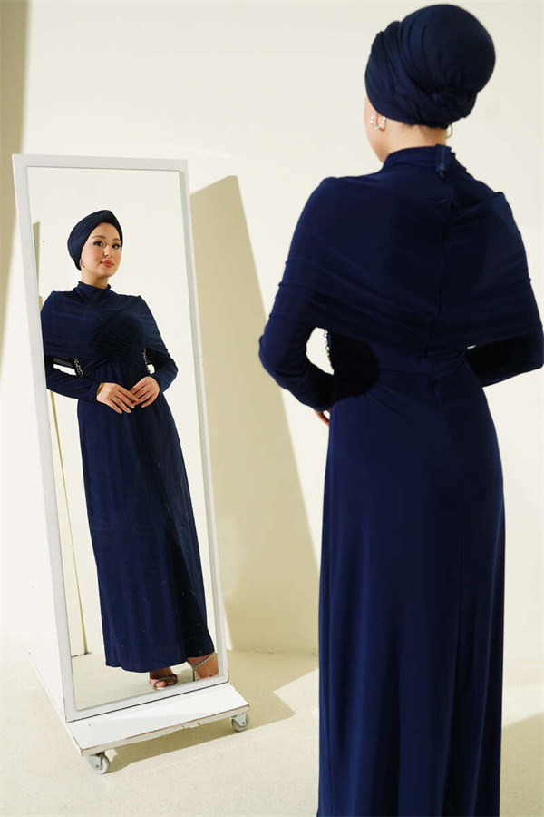 Sandy Embellished Cross-Neck Evening Dress, Navy Blue