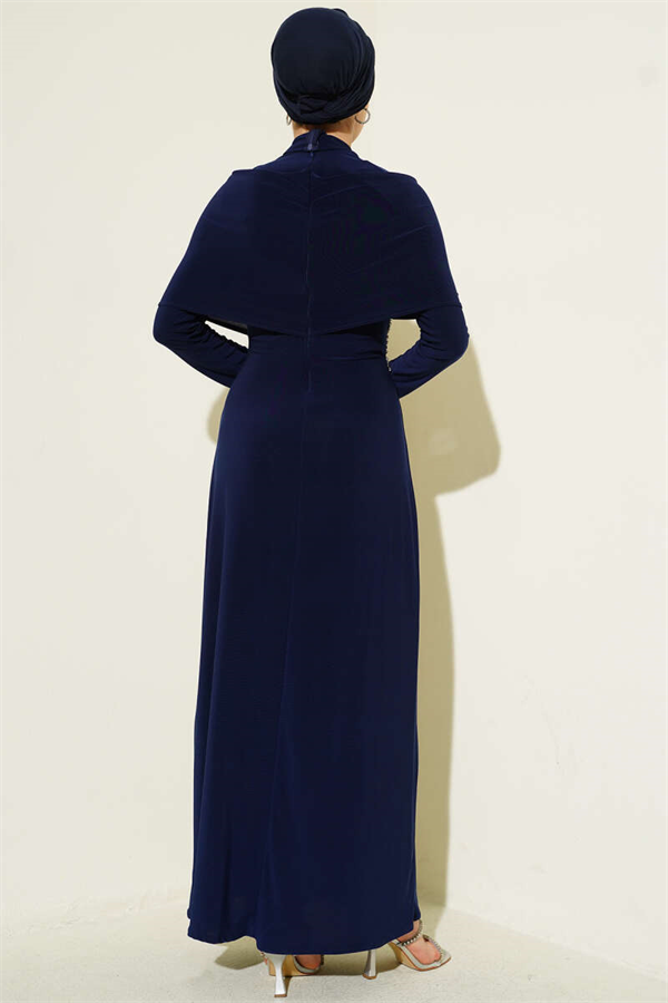 Sandy Embellished Cross-Neck Evening Dress, Navy Blue