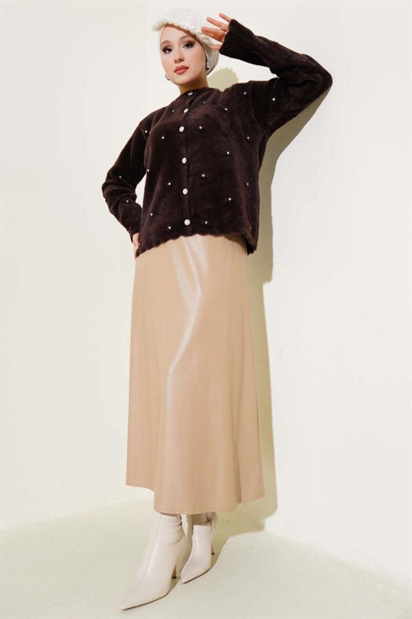 Stoned Flower Buttoned Bearded Cardigan Brown