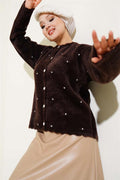 Stoned Flower Buttoned Bearded Cardigan Brown