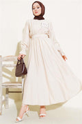 Stoned Lace Pocket Elastic Waist Dress Beige