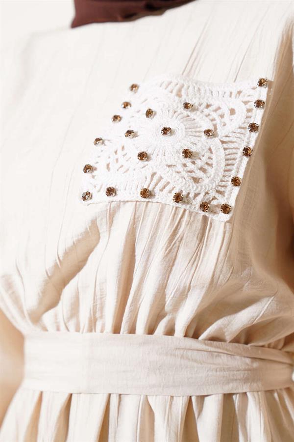 Stoned Lace Pocket Elastic Waist Dress Beige