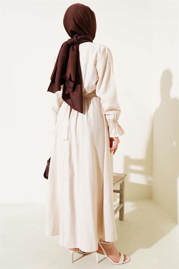 Stoned Lace Pocket Elastic Waist Dress Beige