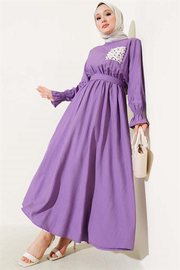 Stoned Lace Pocket Elastic Waist Dress Lilac