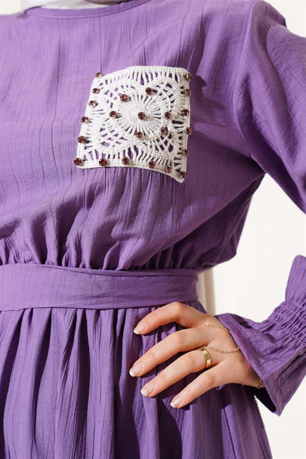 Stoned Lace Pocket Elastic Waist Dress Lilac