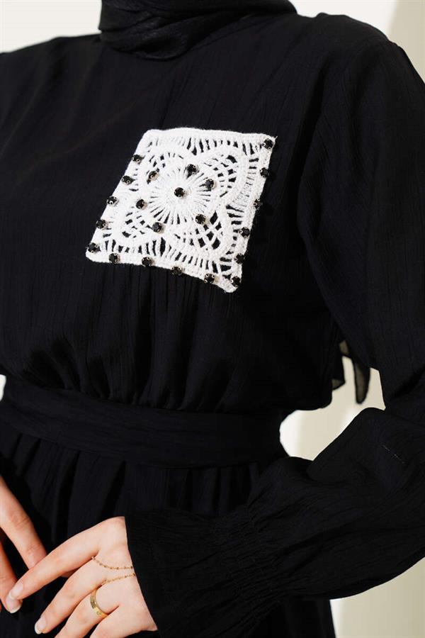 Stoned Lace Pocket Elastic Waist Dress Black