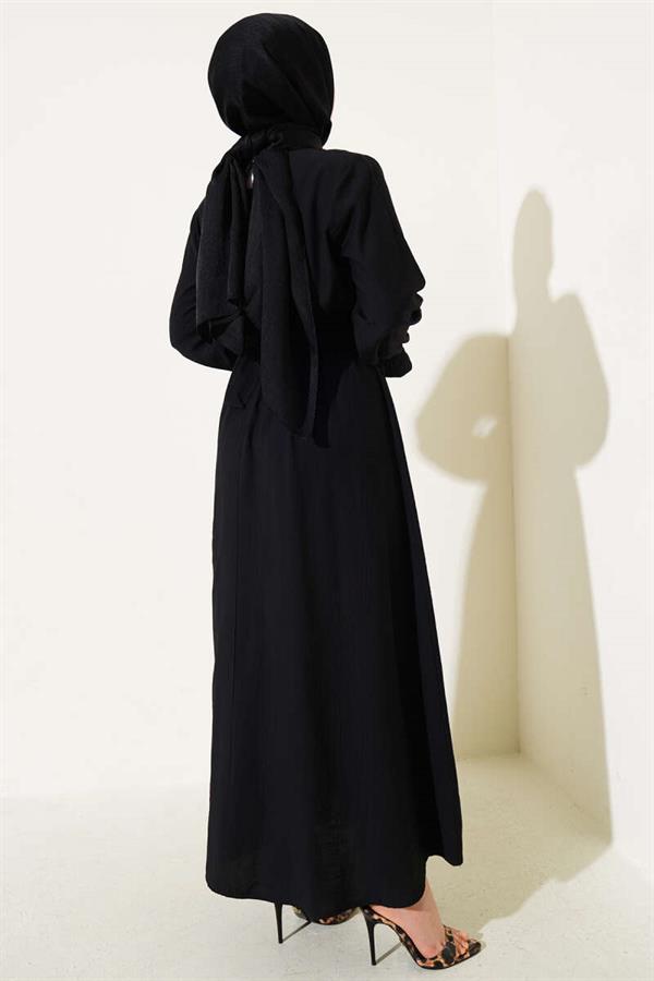 Stoned Lace Pocket Elastic Waist Dress Black