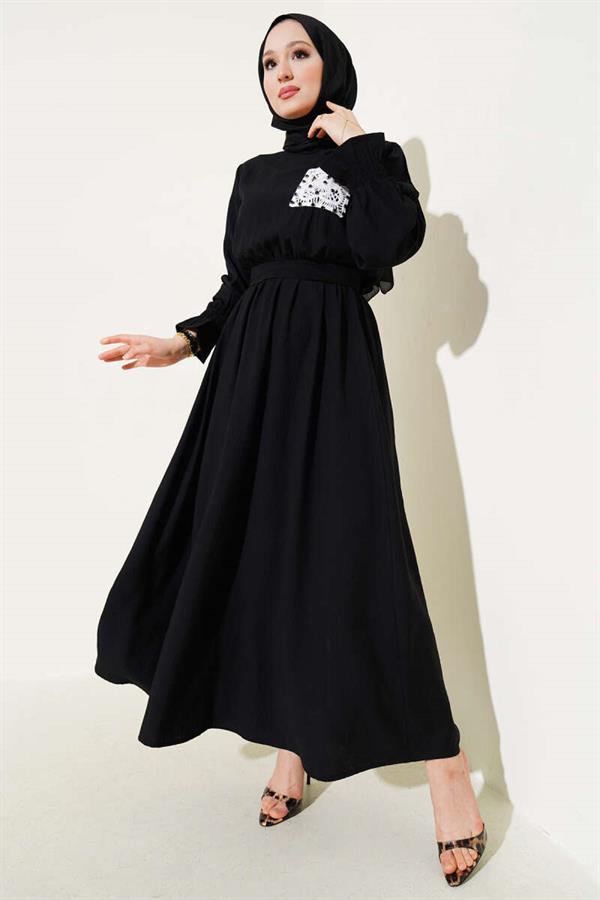 Stoned Lace Pocket Elastic Waist Dress Black