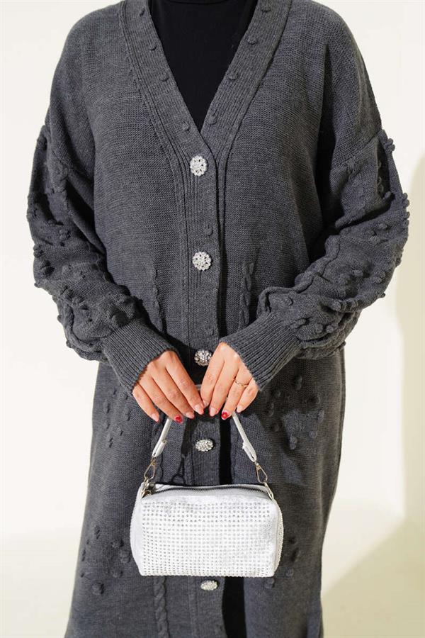 Stoned Buttoned Knitted Cardigan in Smoke