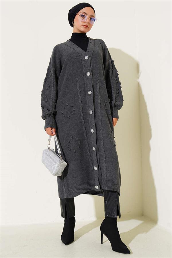 Stoned Buttoned Knitted Cardigan in Smoke