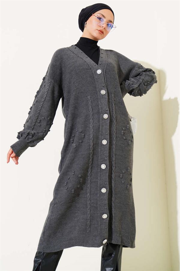 Stoned Buttoned Knitted Cardigan in Smoke