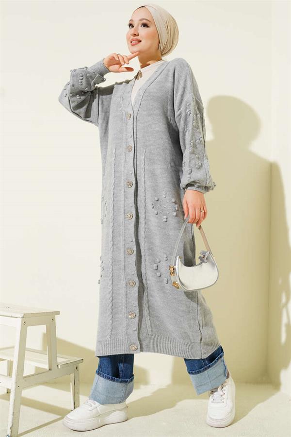 Stoned Buttoned Knitted Cardigan Gray