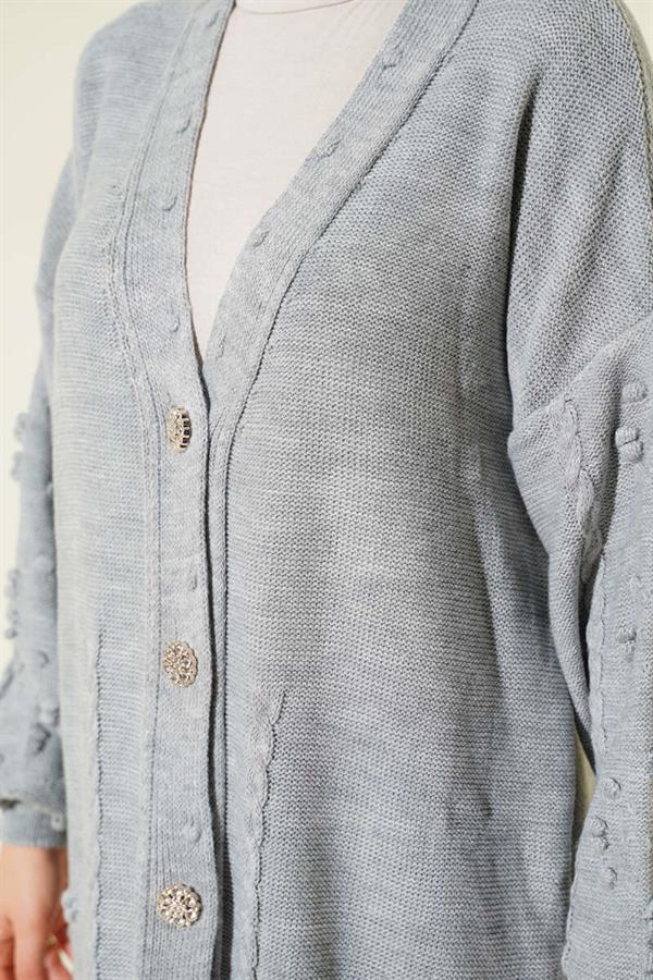 Stoned Buttoned Knitted Cardigan Gray