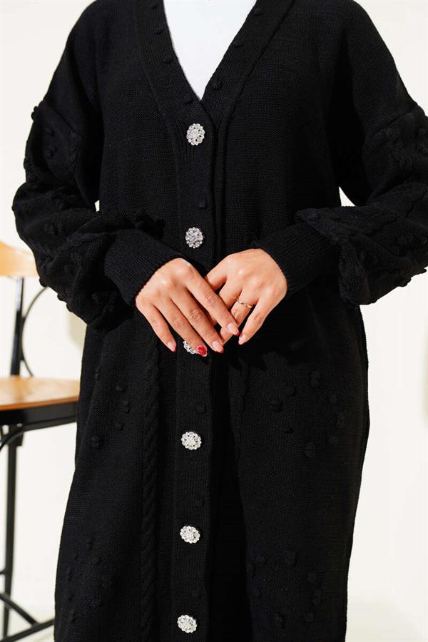 Stoned Buttoned Knitted Cardigan Black