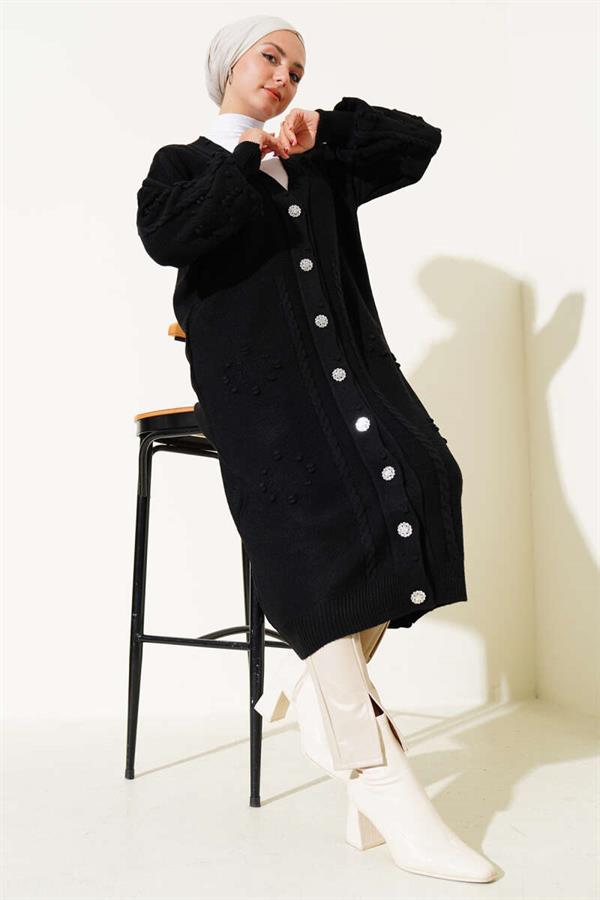 Stoned Buttoned Knitted Cardigan Black