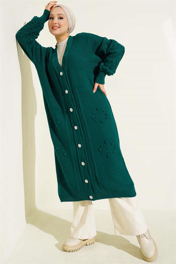 Stoned Buttoned Knitted Cardigan Emerald