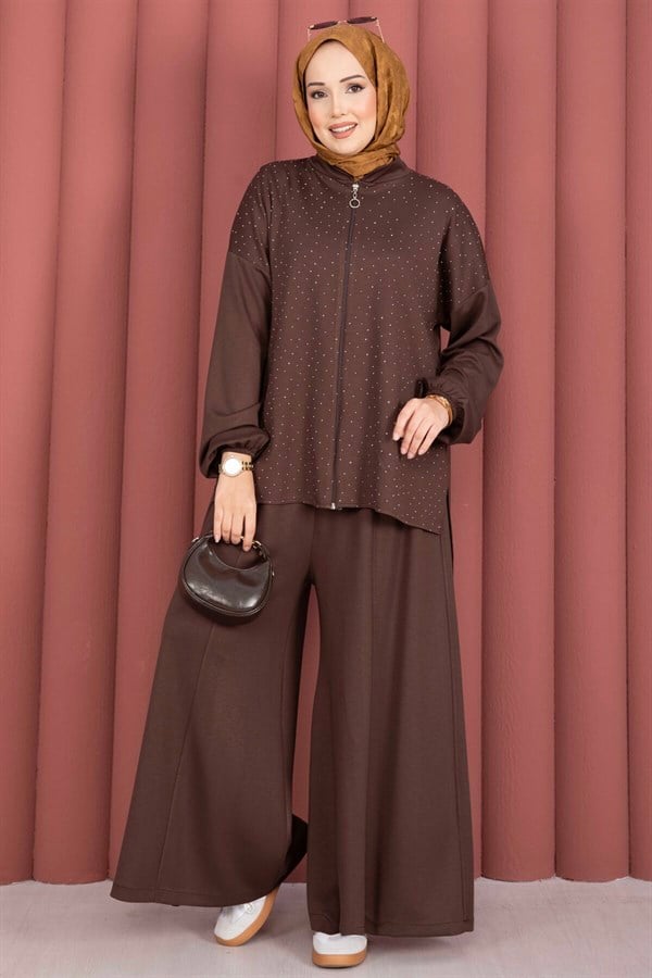 Stone Embellished Zippered Tunic and Pants 2 Piece Set, Coffee