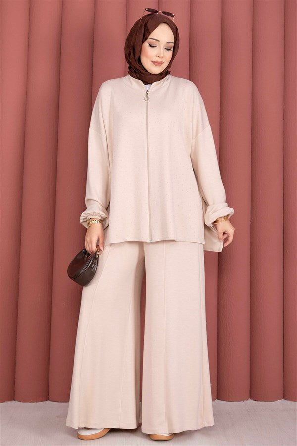 Stone Embellished Zippered Tunic and Pants 2 Piece Set, Beige