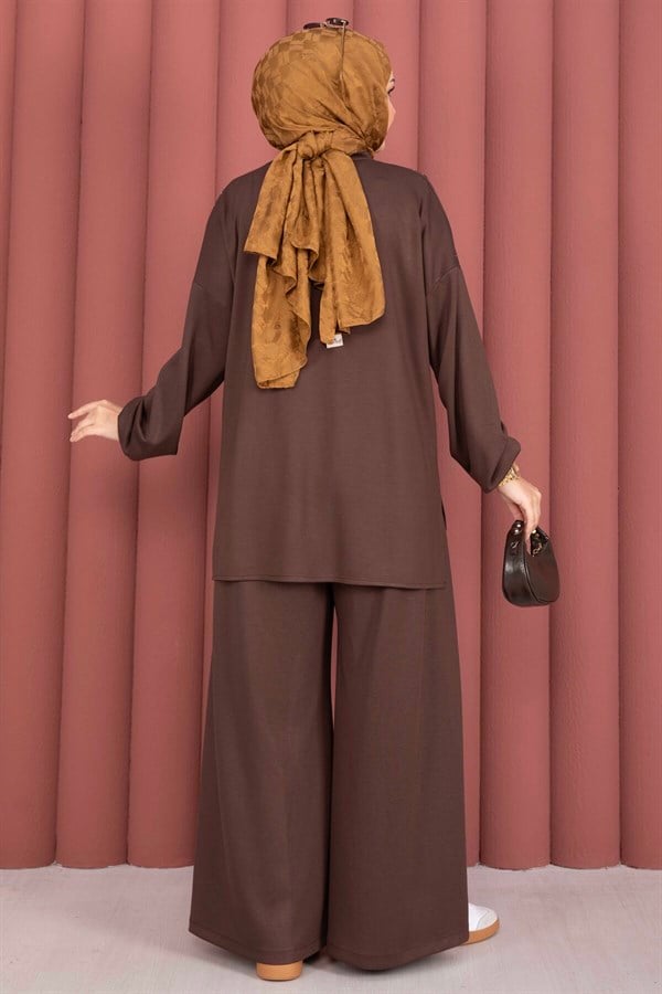 Stone Embellished Zippered Tunic and Pants 2 Piece Set, Coffee