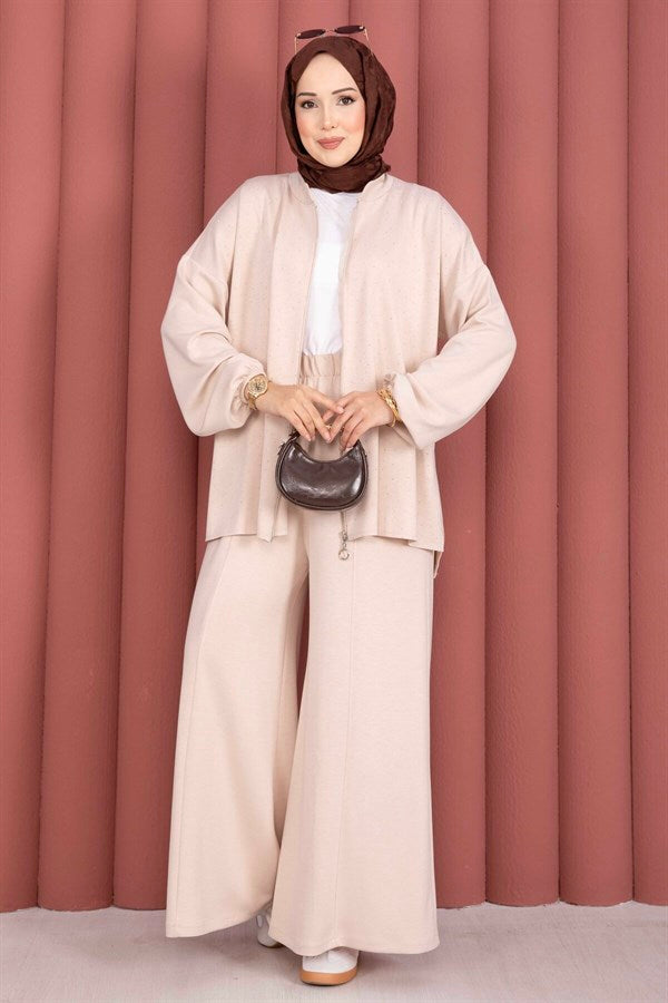 Stone Embellished Zippered Tunic and Pants 2 Piece Set, Beige