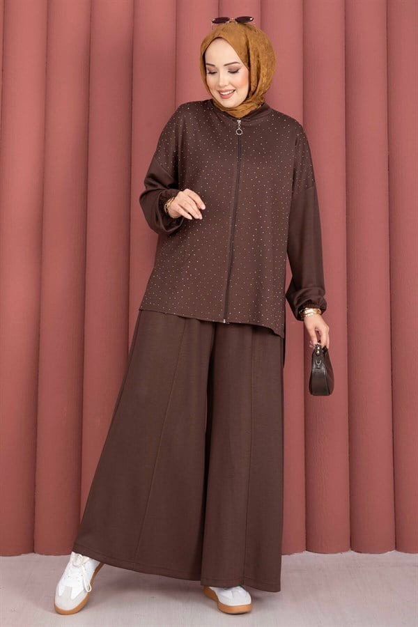 Stone Embellished Zippered Tunic and Pants 2 Piece Set, Coffee