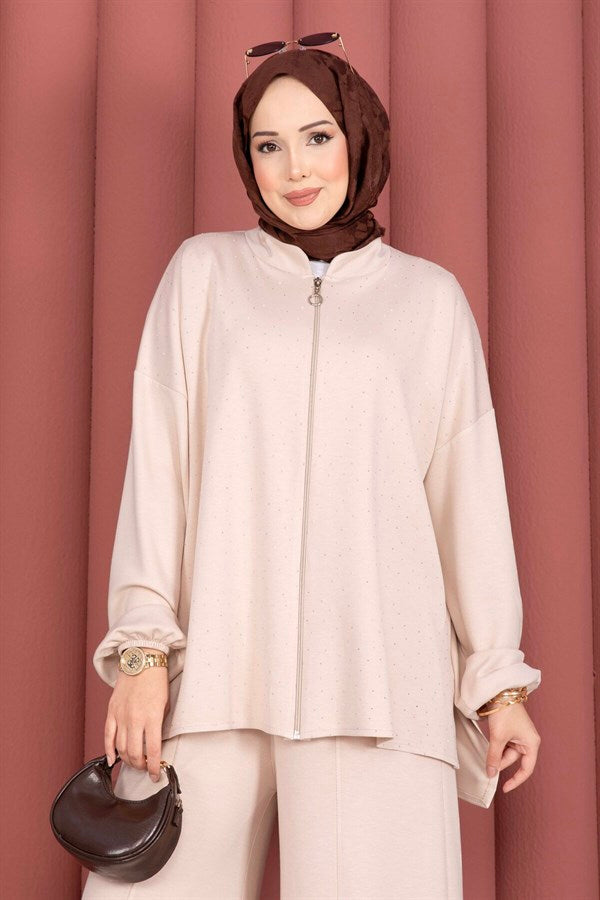 Stone Embellished Zippered Tunic and Pants 2 Piece Set, Beige