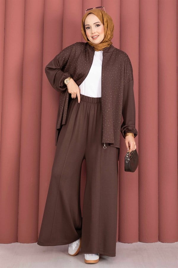 Stone Embellished Zippered Tunic and Pants 2 Piece Set, Coffee