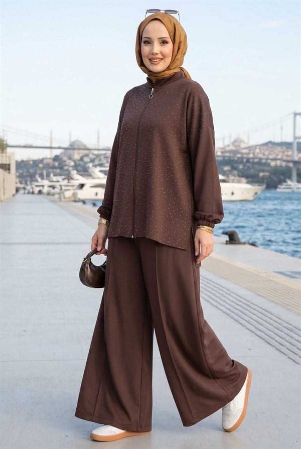 Stone Embellished Zippered Tunic and Pants 2 Piece Set, Coffee