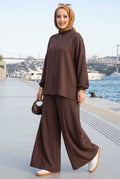 Stone Embellished Zippered Tunic and Pants 2 Piece Set, Coffee