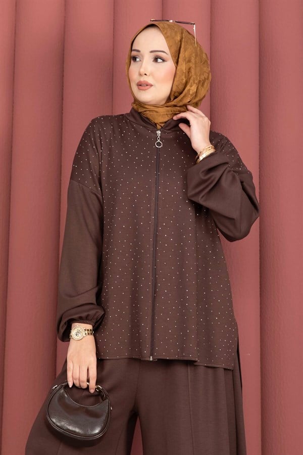 Stone Embellished Zippered Tunic and Pants 2 Piece Set, Coffee
