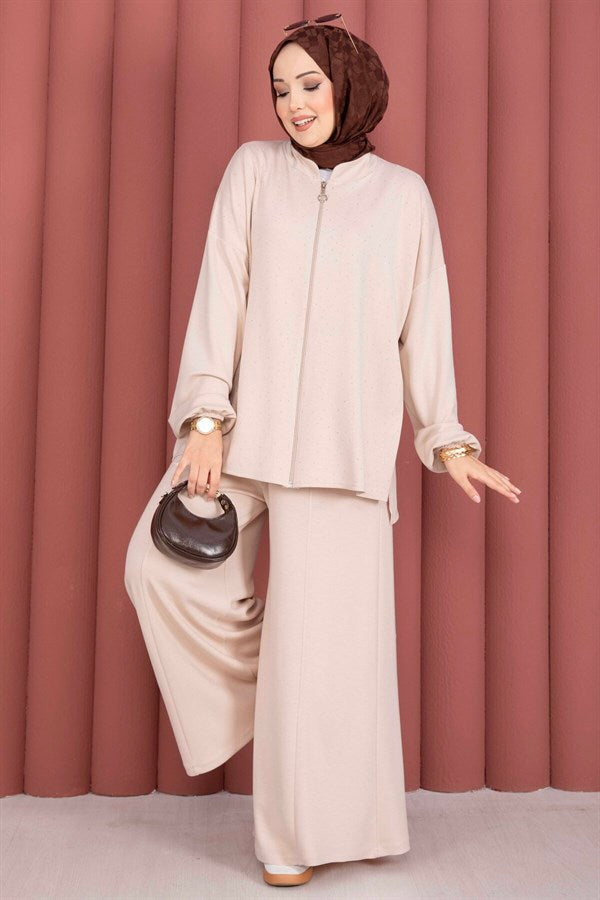 Stone Embellished Zippered Tunic and Pants 2 Piece Set, Beige