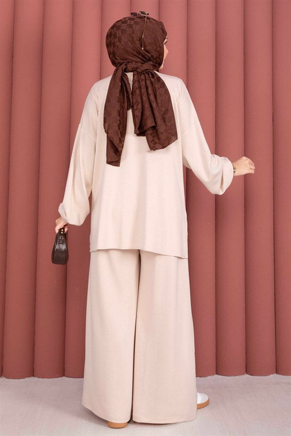 Stone Embellished Zippered Tunic and Pants 2 Piece Set, Beige