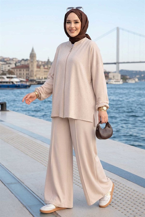 Stone Embellished Zippered Tunic and Pants 2 Piece Set, Beige