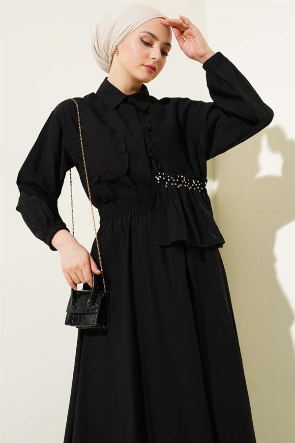 Stoned Ruffle Skirted 2 Piece Set Black
