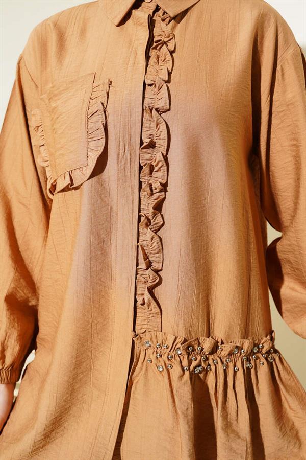 Stoned Ruffle Shirt Camel